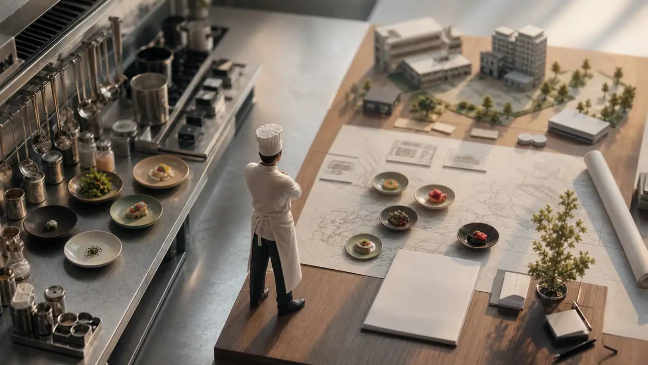 構想を検討する料理人のミニチュア